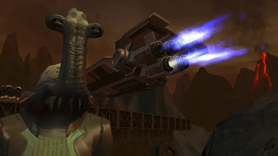 Male Ithorian player character standing in front of shuttle on Mustafar in Star Wars Galaxies Restoration server