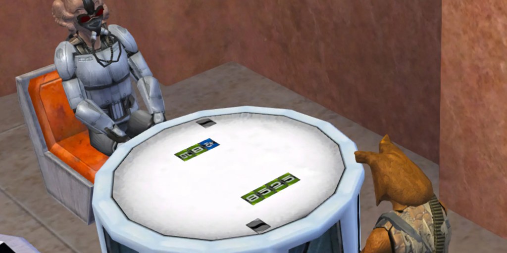 Star Wars Galaxies Kel Dor and Ishi Tib characters playing Sabaac on Empire in Flames