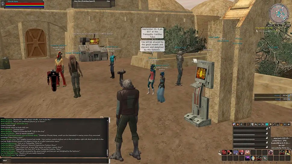 Female Rodian player character advertising an event in Mos Eisley on Tatooine in Star Wars Galaxies Restoration server