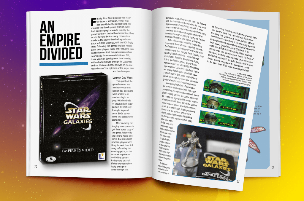A page spread from the book The MMO Folklorist's Guide to Galaxies. The pages describe the launch of the MMORPG Star Wars Galaxies with images of the game's box art, and items from the Collector's Edition of the game.