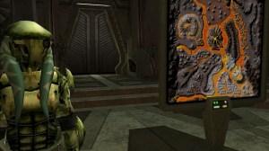Male Twilek Rebel player character standing in front of Mustafar Map in Star Wars Galaxies Restoration server