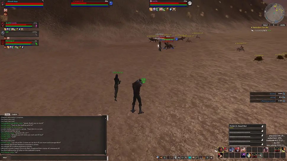 Three player characters in combat with rills on Tatooine in Star Wars Galaxies Restoration server